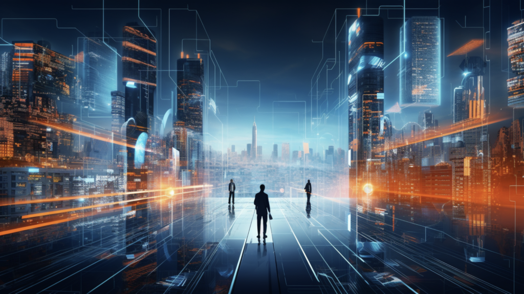 Silhouettes of three people stand on a virtual path leading into a neon-lit cityscape, representing the interconnected complexity of machine learning neural networks within a futuristic urban environment
Source: Midjourney